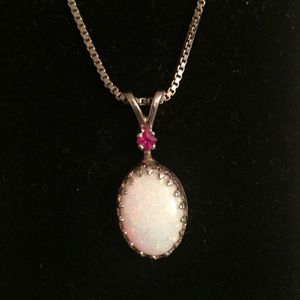 14k Solid White Gold Natural Opal and Ruby Pendant